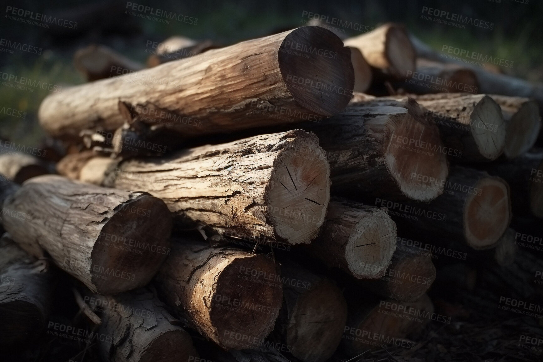 Buy stock photo Harvest, timber and deforestation with logs of wood for fossil fuel, climate change and cutting. Eco, energy and ai generated with woodpile in nature for raw product, plant and sustainability