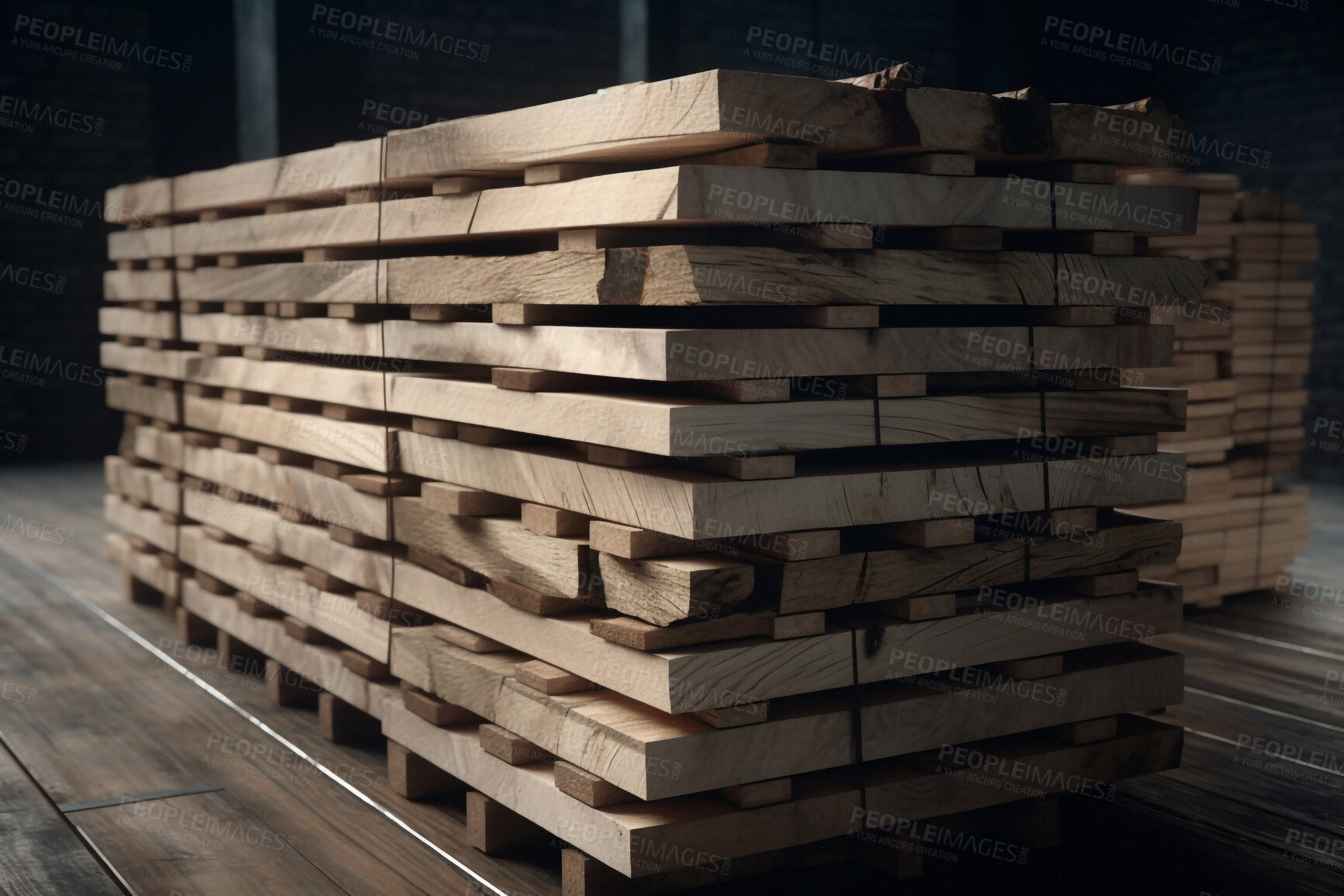 Buy stock photo Harvest, timber and deforestation with wood in pile for fossil fuel, climate change and cutting. Eco, energy and ai generated with woodpile in warehouse for raw product, plant and sustainability