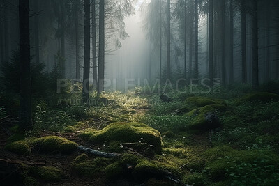 Nature, plants and fog with trees in forest for environment, sustainability and flora. Peace, ai generated and landscape with meadow pathway in countryside woods for foliage, paradise and wilderness