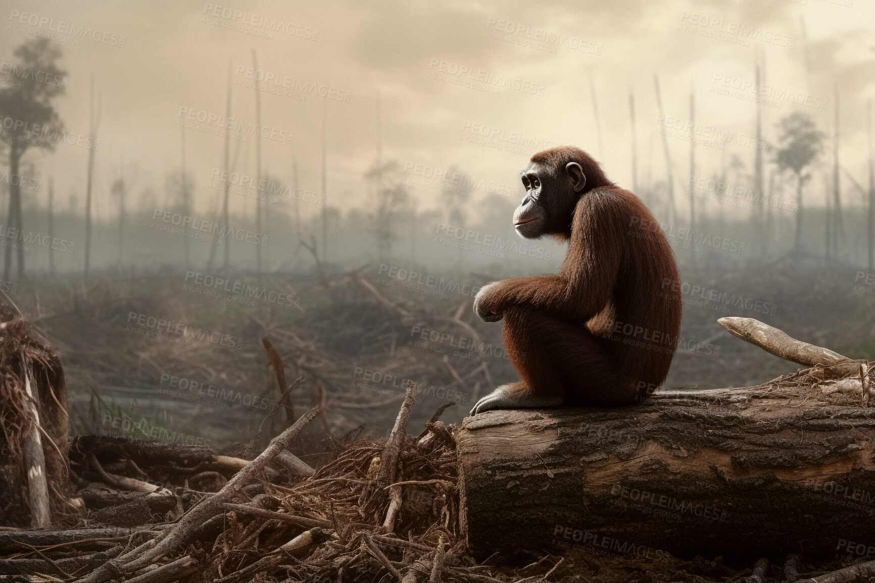 Buy stock photo Deforestation, animals and wood with monkey in forest of nature for environment, trees cutting and ecology. Ai generated, plants and change with landscape of woods for earth, eco and destruction