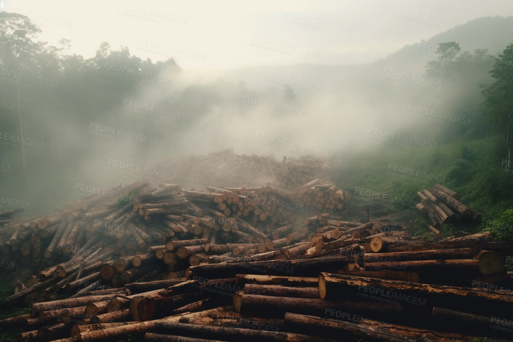 Buy stock photo Deforestation, smoke and timber with wood in forest of nature for environment, trees cutting and ecology. Ai generated, plants and change with landscape of woods for earth, eco and destruction