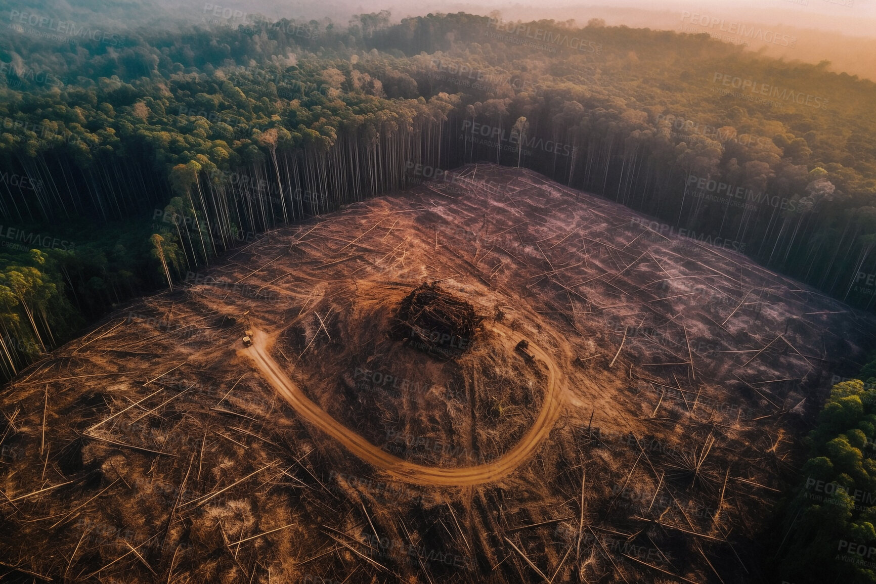 Buy stock photo Deforestation, industrial and wood with clearing in forest of nature for environment, trees cutting and ecology. Ai generated, plants and change with landscape of woods for earth, eco and destruction