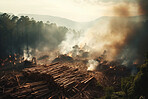 Deforestation, industrial and wood with crane in forest of nature for environment, trees cutting and ecology. Ai generated, plants and change with aerial view of woods for earth, eco and smoke