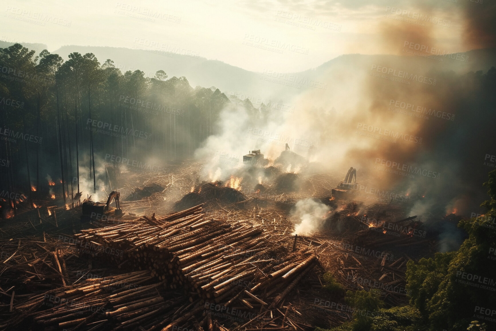 Buy stock photo Deforestation, industrial and wood with crane in forest of nature for environment, trees cutting and ecology. Ai generated, plants and change with aerial view of woods for earth, eco and smoke