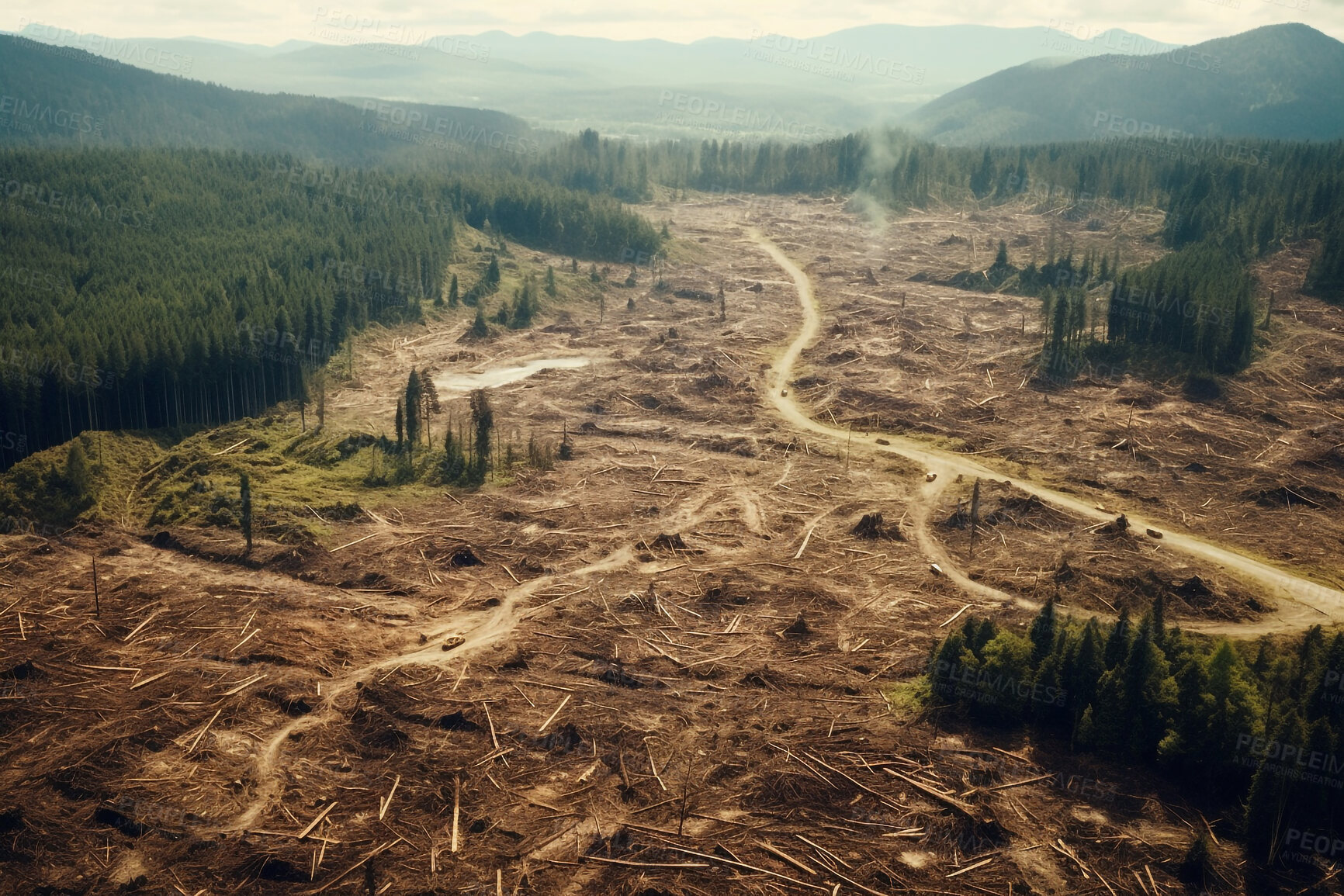 Buy stock photo Deforestation, climate change and clearing of forest in nature for environment, trees cutting and ecology. Ai generated, plants and timber with aerial view of woods for earth, eco and industrial