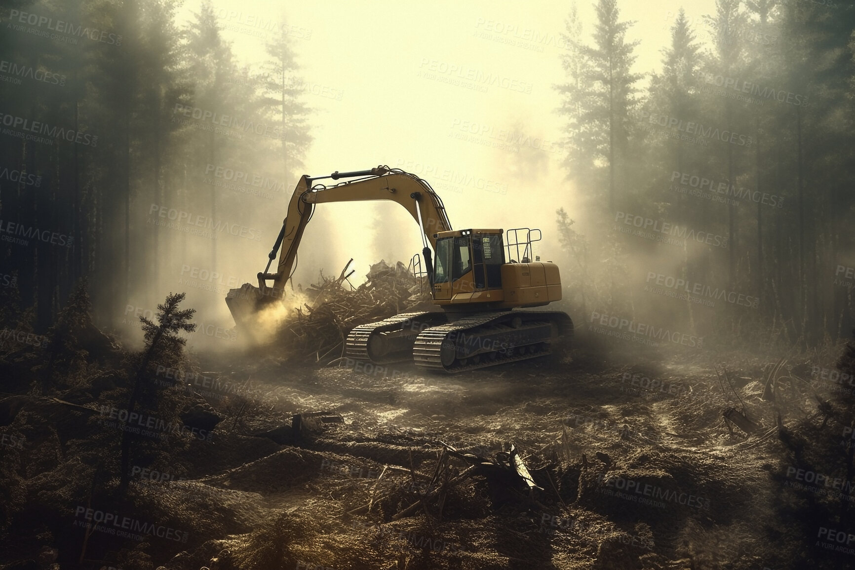 Buy stock photo Deforestation, climate change and crane in forest in nature for environment, trees cutting and ecology. Ai generated, plants and timber with machine in woods for earth, global warming and industrial