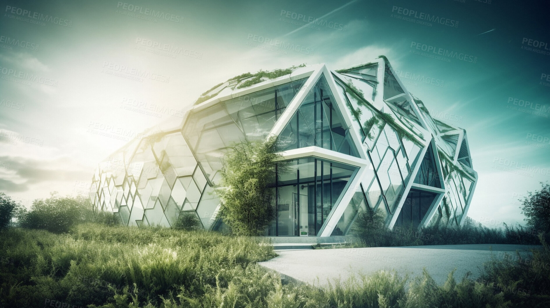 Buy stock photo Architecture, environment and carbon footprint with buildings in city for construction, sustainability and futuristic. Ai generated, glass and eco friendly with town for nature , ecology and plant