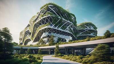 Architecture, sustainability and sci fi with buildings in city for construction, environment and futuristic. Ai generated, glass and eco friendly with town for carbon footprint, ecology and plant