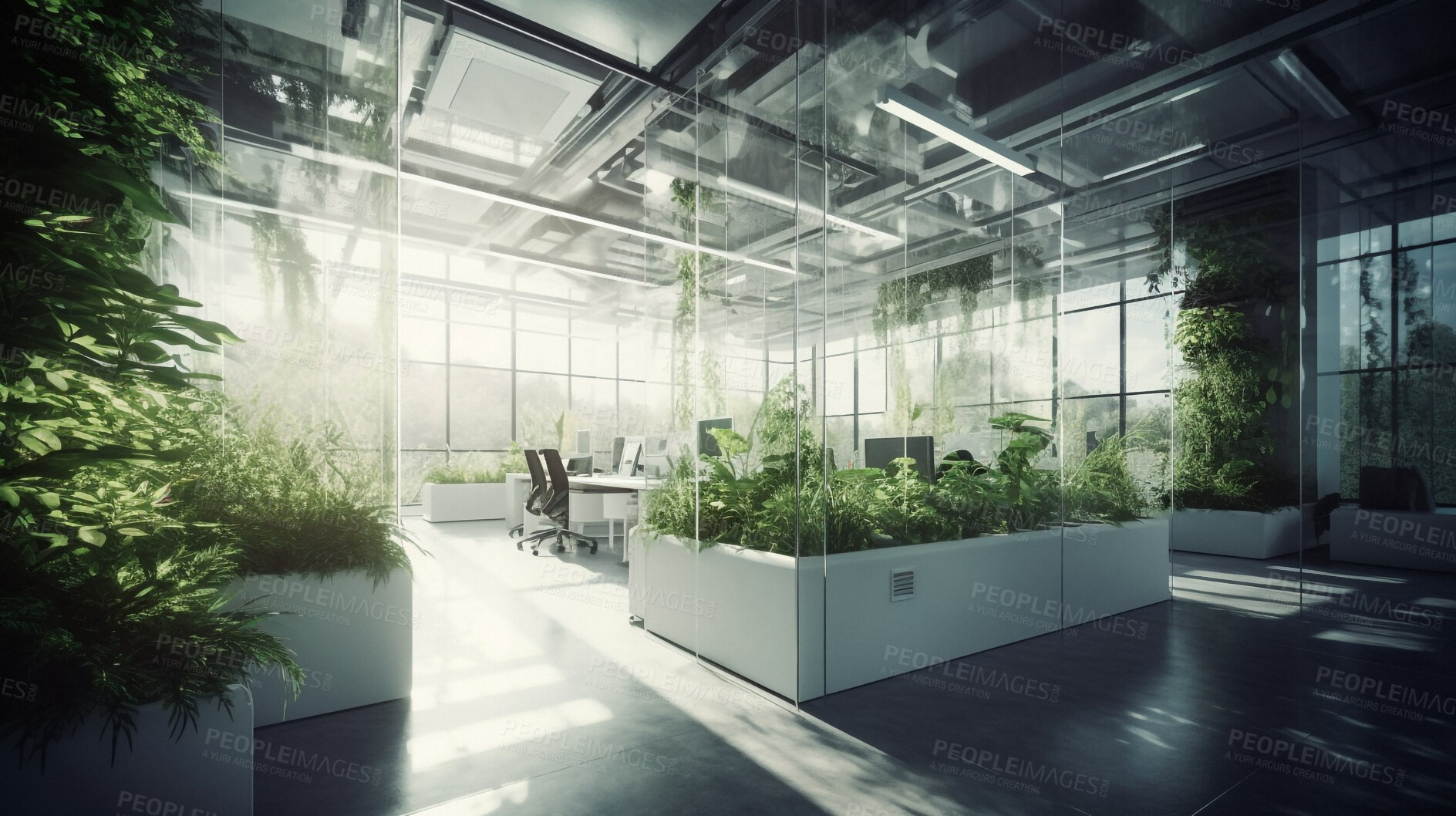 Buy stock photo Architecture, sustainability and digital agency with office for environment, nature and futuristic. Ai generated, innovation and eco friendly with empty room for carbon footprint, ecology and plant