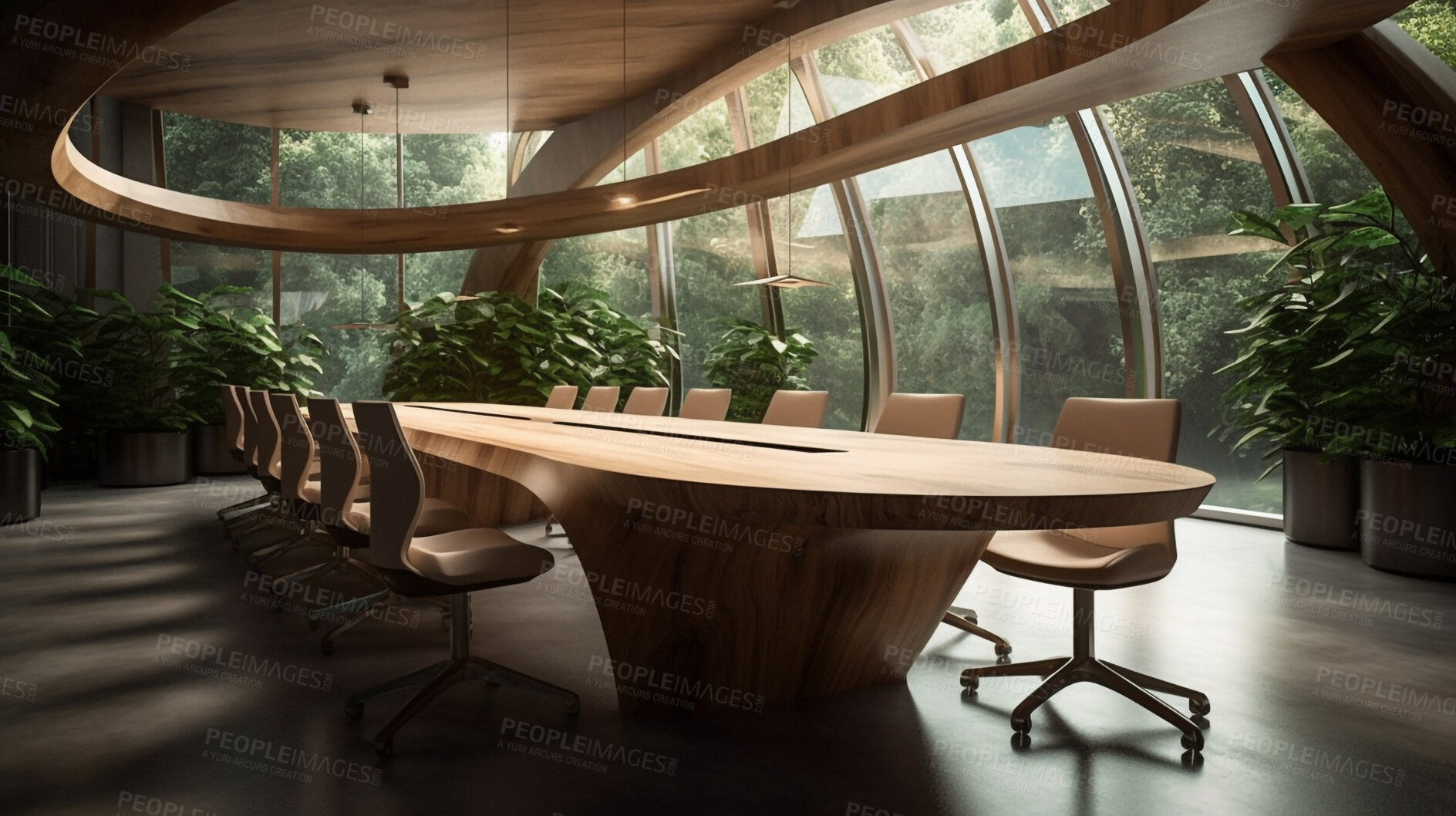Buy stock photo Architecture, sustainability and green with boardroom in office building for environment, growth and futuristic. Ai generated, glass and eco friendly with room for carbon footprint, ecology and plant