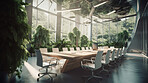 Architecture, sustainability and environment with boardroom in office building for green, growth and futuristic. Ai generated, glass and eco friendly with room for carbon footprint, ecology and plant