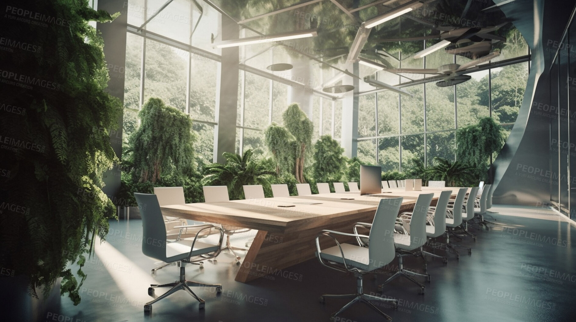 Buy stock photo Architecture, sustainability and environment with boardroom in office building for green, growth and futuristic. Ai generated, glass and eco friendly with room for carbon footprint, ecology and plant