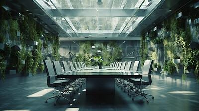 Architecture, sustainability and future with boardroom in office building for green, environment and futuristic. Ai generated, glass and eco friendly with room for carbon footprint, ecology and plant