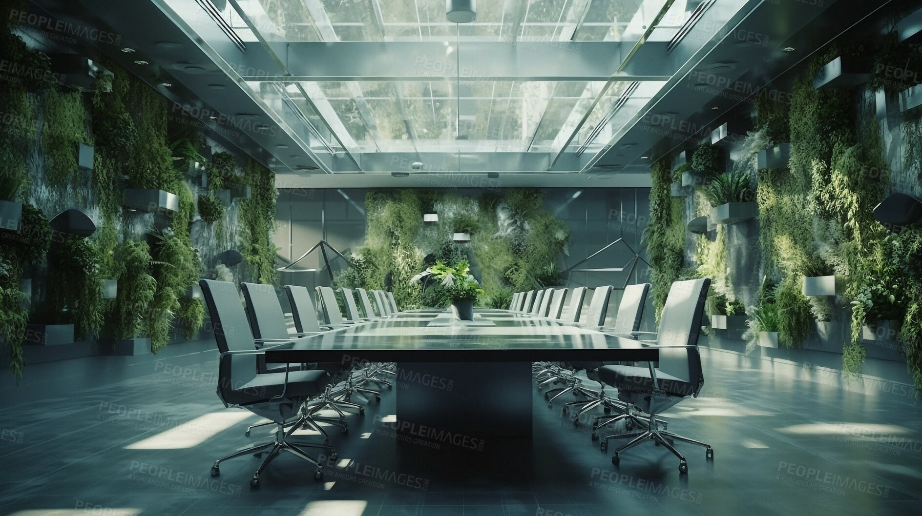 Buy stock photo Architecture, sustainability and future with boardroom in office building for green, environment and futuristic. Ai generated, glass and eco friendly with room for carbon footprint, ecology and plant