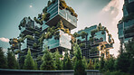 Architecture, sustainability and future with buildings in city for construction, environment and futuristic. Ai generated, glass and eco friendly with town for carbon footprint, ecology and plant