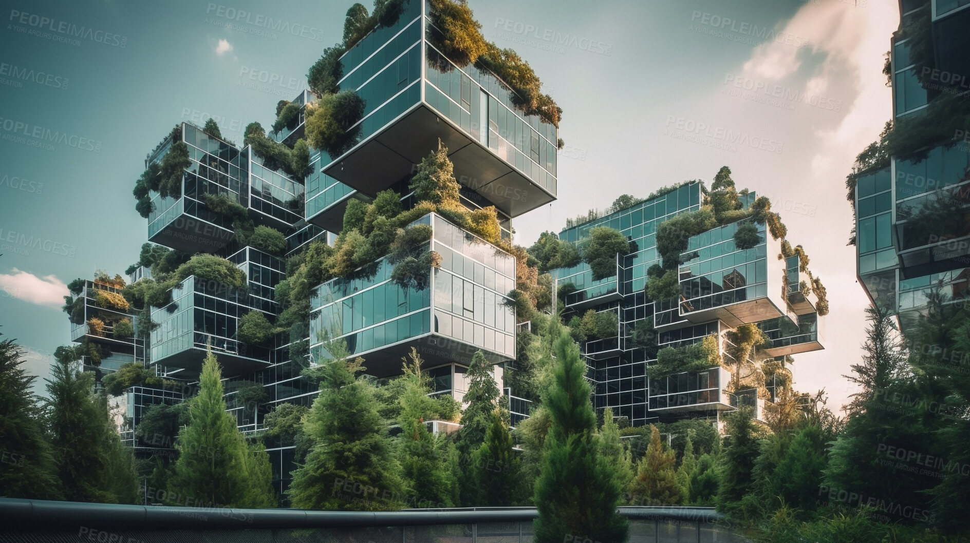 Buy stock photo Architecture, sustainability and future with buildings in city for construction, environment and futuristic. Ai generated, glass and eco friendly with town for carbon footprint, ecology and plant