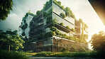 Architecture, sustainability and growth with buildings in city for construction, environment and futuristic. Ai generated, glass and eco friendly with town for carbon footprint, ecology and plant
