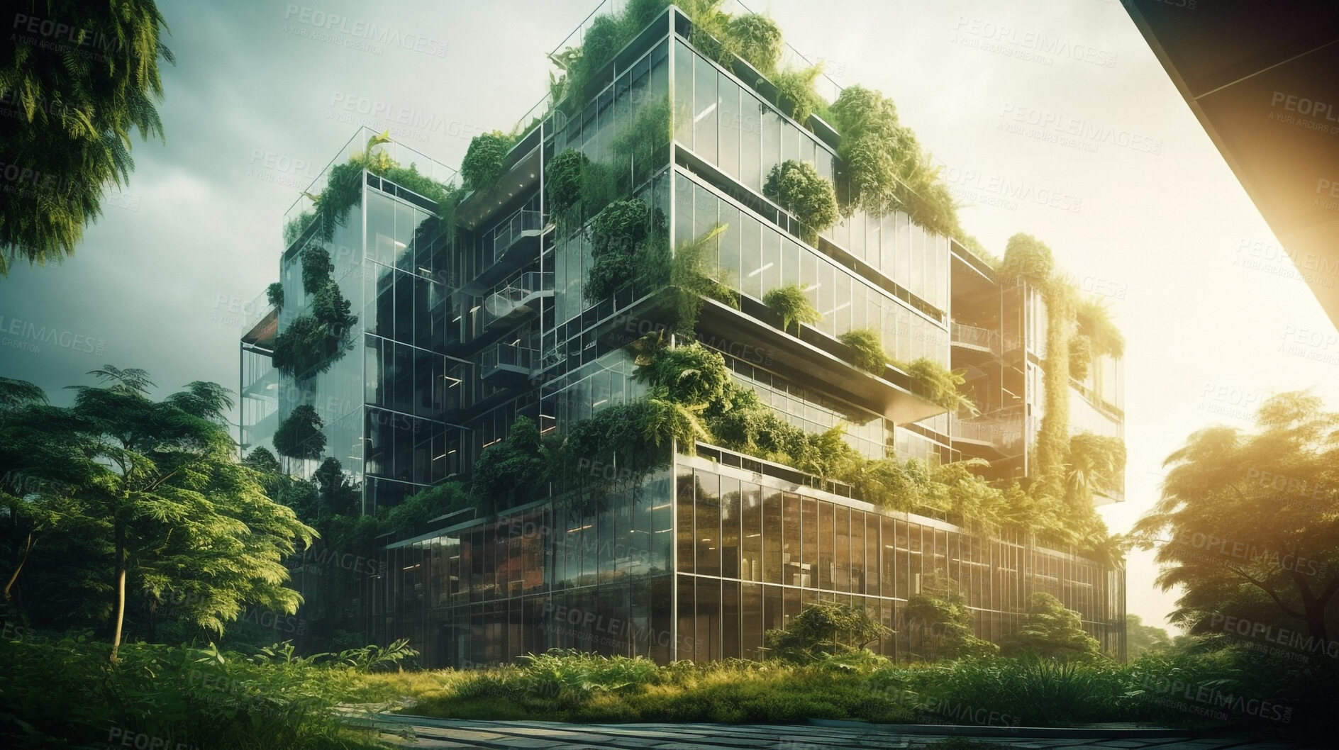 Buy stock photo Architecture, sustainability and growth with buildings in city for construction, environment and futuristic. Ai generated, glass and eco friendly with town for carbon footprint, ecology and plant