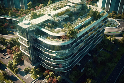 Architecture, sustainability and eco friendly with buildings in city for carbon footprint, environment and futuristic. Ai generated, glass and construction with house for green, ecology and plant