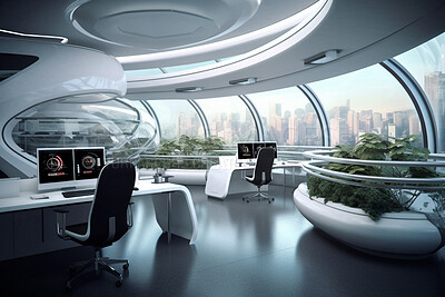 Buy stock photo Future, science and sci fi with technology in laboratory for analysis, development and innovation. Futuristic, creative and ai generated with glass structure for prototype, medical and research