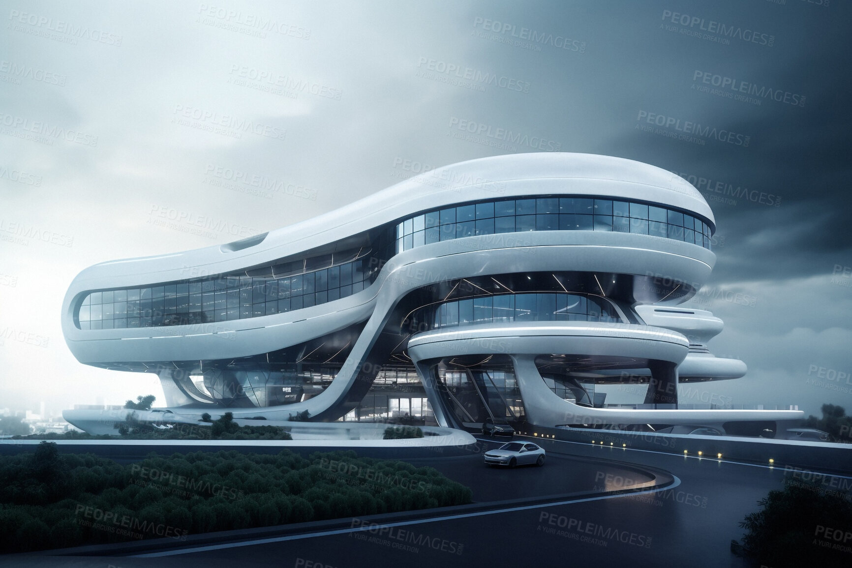 Buy stock photo Future, architecture and sci fi with building in city for construction, development and innovation. Futuristic, creative and ai generated with glass structure for laboratory, science and industry