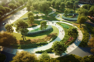 Architecture, environment and future with park in city for carbon footprint, eco friendly and futuristic. Ai generated, grass and drone view with landscape for green, ecology and sustainability