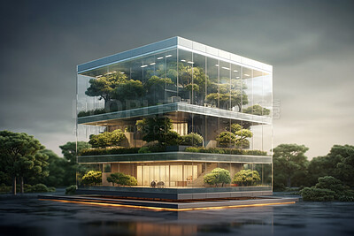 Buy stock photo Architecture, environment and tree with buildings in city for carbon footprint, eco friendly and futuristic. Ai generated, glass and construction with house for green, ecology and sustainability