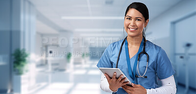 Tablet, happy and medical with portrait of nurse in hospital for research, networking and information. Medicine, healthcare and digital report with woman for technology, data and life insurance
