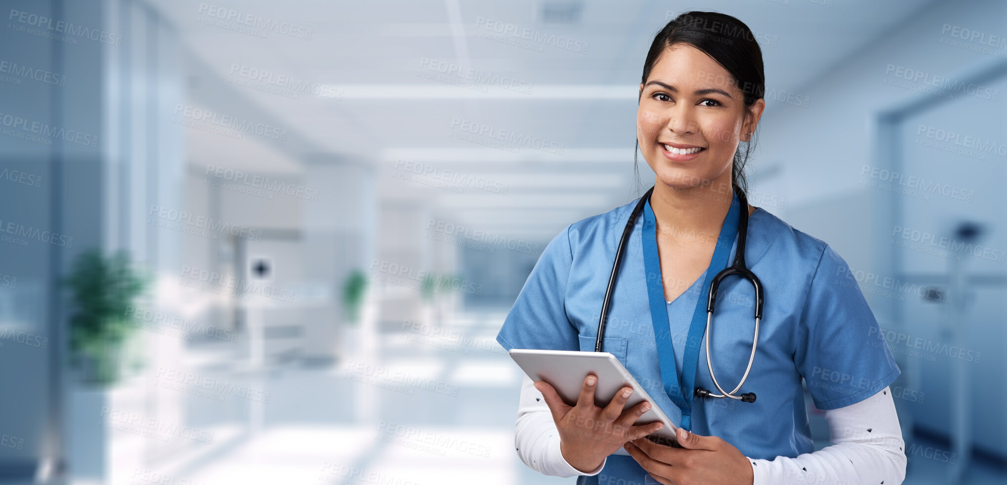 Buy stock photo Tablet, happy and medical with portrait of nurse in hospital for research, networking and information. Medicine, healthcare and digital report with woman for technology, data and life insurance