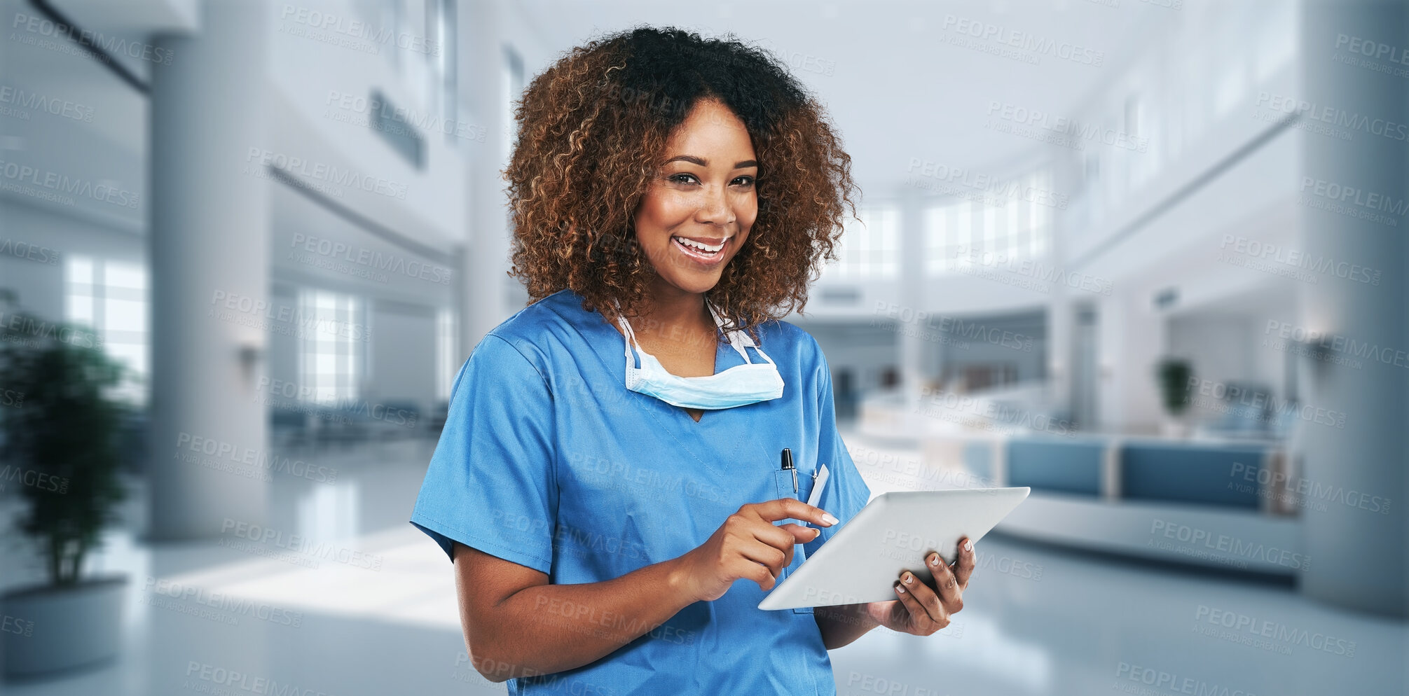 Buy stock photo Tablet, search and medical with nurse in hospital for research, networking and information. Medicine, healthcare and digital report with woman and online for technology, data and life insurance