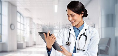 Tablet, search and medical with doctor in hospital for research, networking and information. Medicine, healthcare and digital report with woman and online for technology, data and life insurance