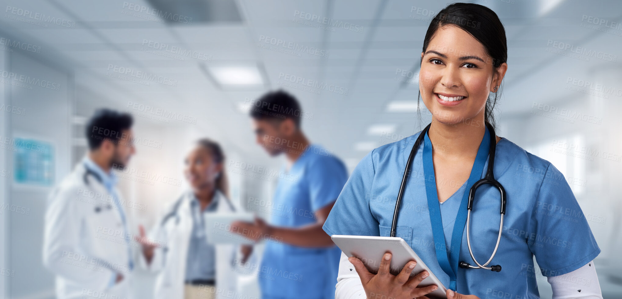 Buy stock photo Tablet, smile and medical with portrait of nurse in hospital for research, networking and information. Medicine, healthcare and digital report with woman for technology, data and life insurance