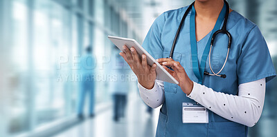 Tablet, internet and medical with hands of nurse for research, networking and information. Medicine, healthcare and digital report with closeup of woman for technology, data and life insurance