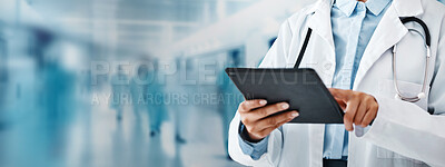 Tablet, hospital and medical with hands of doctor for research, networking and information. Medicine, healthcare and digital report with closeup of woman for technology, data and life insurance
