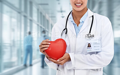 Medical, heart shape and hands of doctor in hospital for cardiology, surgery and diagnosis. Medicine, healthcare and career with closeup of woman for life insurance, consulting and professional