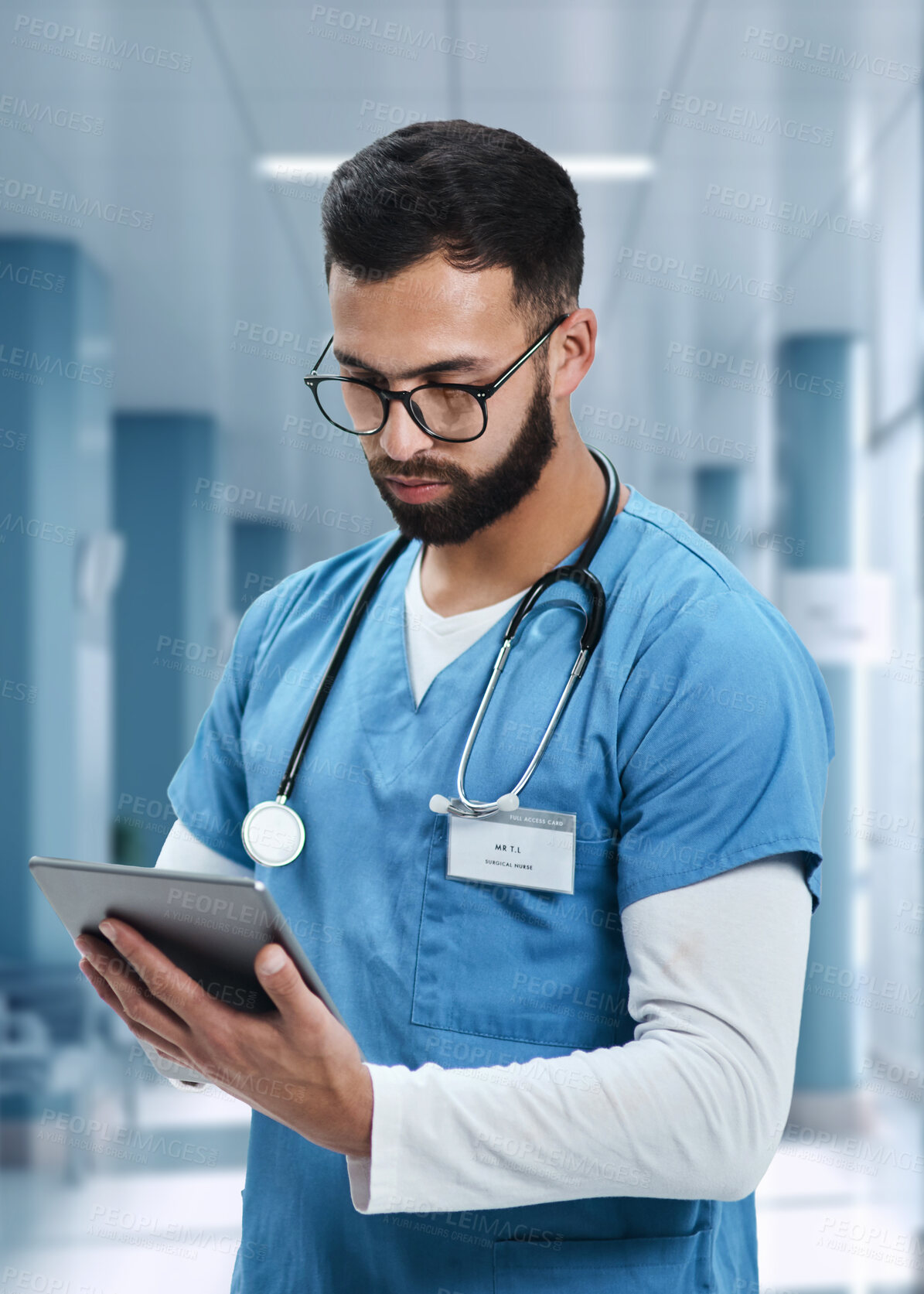 Buy stock photo Tablet, planning and medical with man in hospital for research, networking and information. Medicine, healthcare and digital report with nurse in clinic for technology, data and life insurance