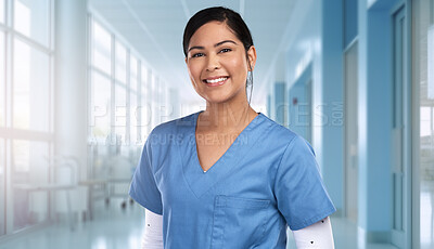 Medical, nursing and portrait of woman in hospital for treatment, surgery and diagnosis. Medicine, healthcare and happy with nurse working in clinic for life insurance, consulting and professional