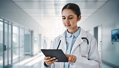 Tablet, planning and medical with doctor in hospital for research, networking and information. Medicine, healthcare and digital report with woman in clinic for technology, data and life insurance