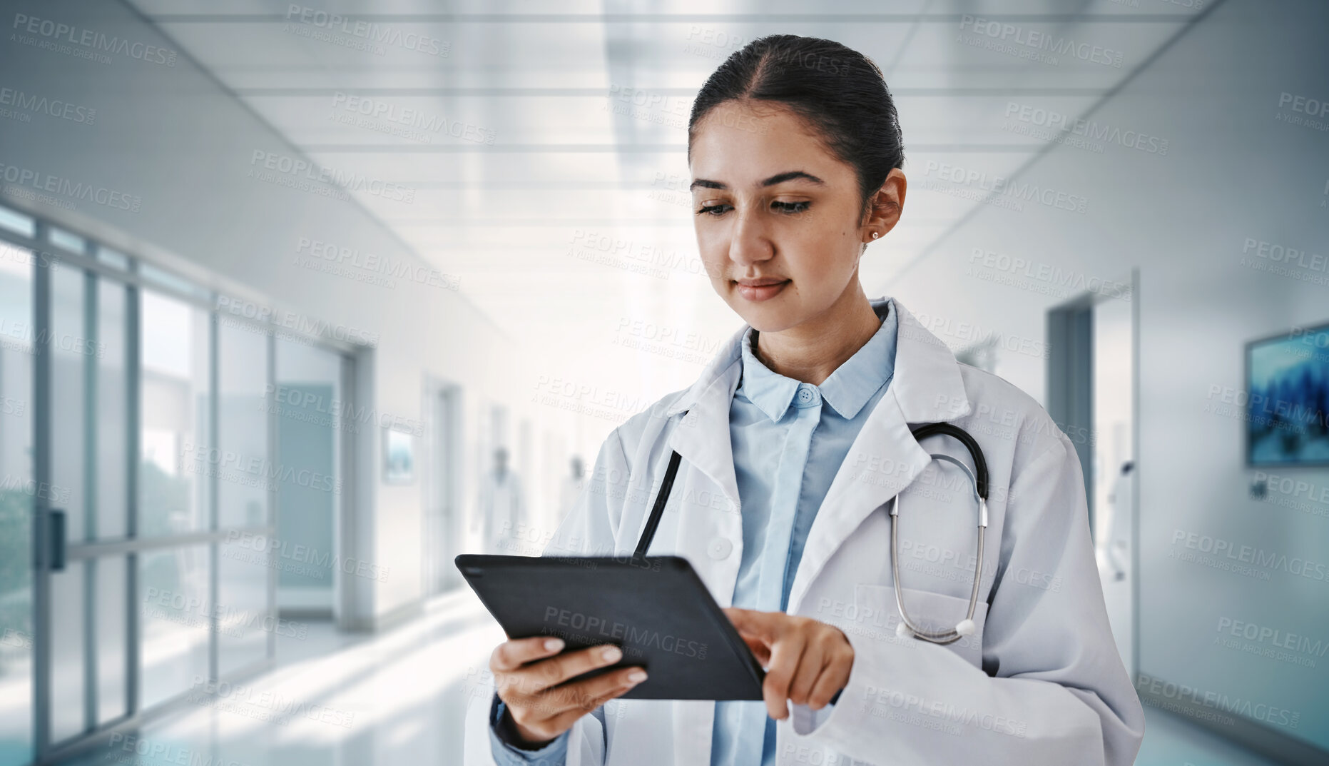 Buy stock photo Tablet, planning and medical with doctor in hospital for research, networking and information. Medicine, healthcare and digital report with woman in clinic for technology, data and life insurance