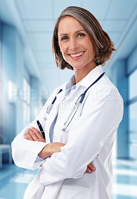 Medical, arms crossed and portrait of woman in hospital for treatment, surgery and diagnosis. Medicine, healthcare and smile with doctor in clinic for life insurance, consulting and professional
