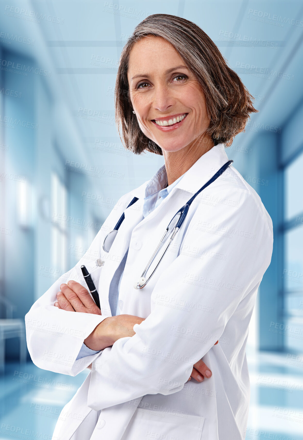 Buy stock photo Medical, arms crossed and portrait of woman in hospital for treatment, surgery and diagnosis. Medicine, healthcare and smile with doctor in clinic for life insurance, consulting and professional