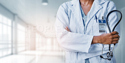 Medical, arms crossed and hands of doctor in hospital for treatment, surgery and diagnosis. Medicine, healthcare and career with closeup of woman for life insurance, consulting and professional