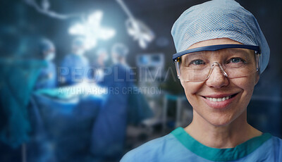 Portrait, surgery and medical with doctor in hospital for medicine, treatment and teamwork. Operation, emergency and help with face of woman in operating room for clinic, disease and diagnosis