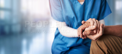 Medical, holding hands and support with nurse and patient in hospital for kindness, help or empathy. Medicine, healthcare and caregiver with closeup of people in clinic for hope, trust and counseling