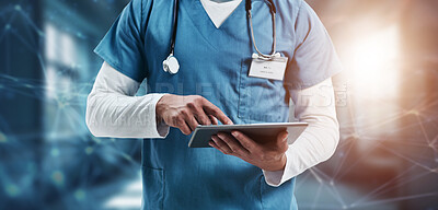Tablet, research and medical with hands of nurse for hospital, networking and information. Medicine, healthcare and digital report with closeup of man for technology, data and life insurance