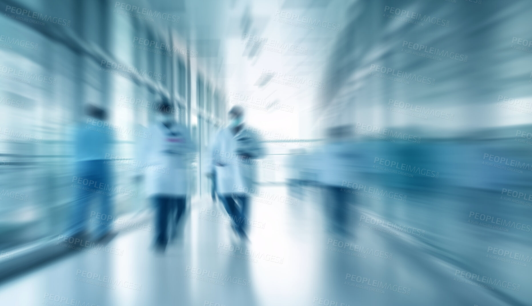 Buy stock photo Surgery, action or teamwork of doctors in hospital for diagnosis, motion blur and healthcare. Ai generated help, medicine and medical people in clinic hallway for emergency, collaboration or support