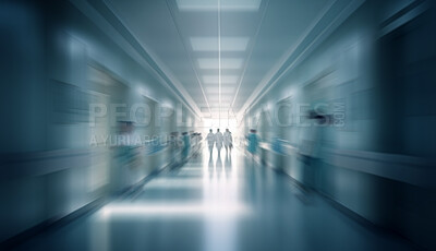 Light, healthcare and teamwork with doctors in hospital for diagnosis, motion blur and action. Ai generated help, medicine and medical people in clinic hallway for emergency, collaboration or support