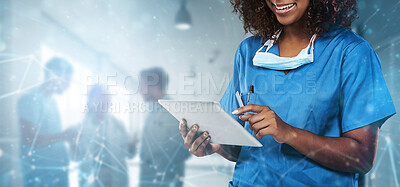 Tablet, hospital and medical with hands of nurse for research, networking and information. Medicine, healthcare and digital report with closeup of woman for technology, data and life insurance