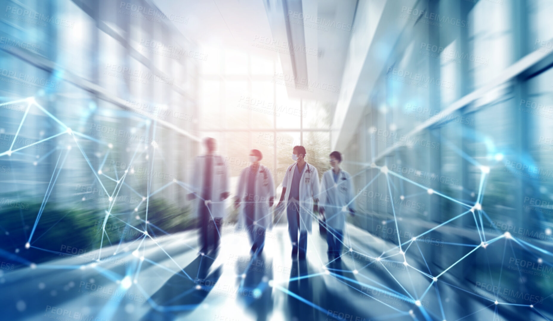 Buy stock photo Group, medical and motion blur with doctors in hospital for diagnosis, emergency and action. Ai generated help, medicine and healthcare people in clinic hallway for teamwork, collaboration or support