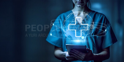 Tablet, globe or hologram for medical nurse hands in research, networking or telehealth. Ai generated medicine, healthcare and digital world with closeup woman for technology, data and life insurance